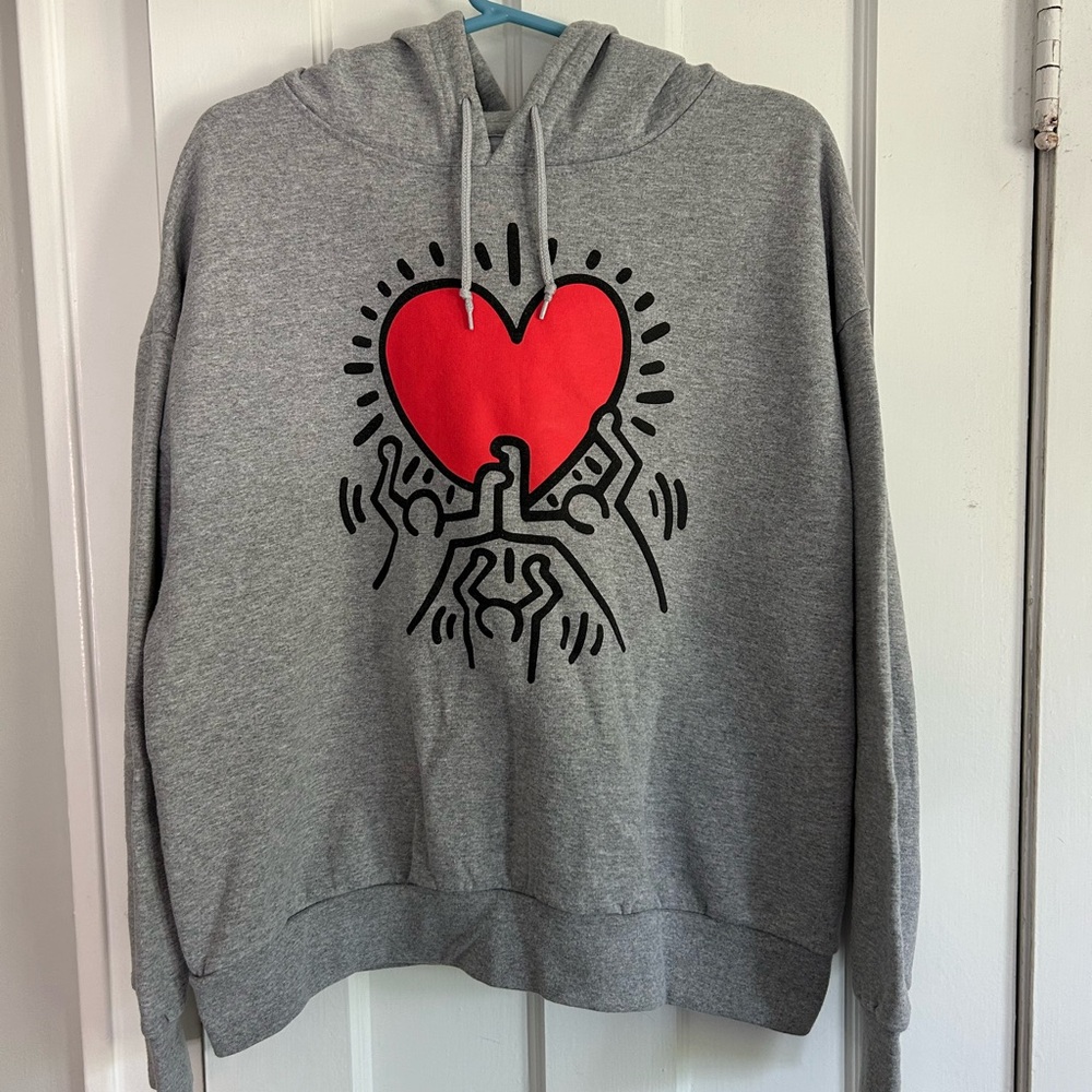 Keith Haring Gray Hoodie with Red Heart Design